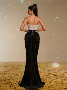 Smilprince Luxurious Silver Strapless Sequin Contrast Black Velvet Dress, High Slit Evening Gown, Formal Prom Dress, Wedding Guest Dress, Party Dress - Black - View 2