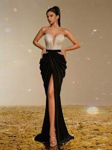 Smilprince Luxurious Silver Strapless Sequin Contrast Black Velvet Dress, High Slit Evening Gown, Formal Prom Dress, Wedding Guest Dress, Party Dress - Black - View 1