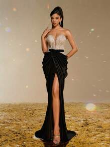 Smilprince Luxurious Silver Strapless Sequin Contrast Black Velvet Dress, High Slit Evening Gown, Formal Prom Dress, Wedding Guest Dress, Party Dress - Black - View 5