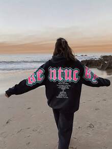 Sudadera con capucha de ajuste holgado con estampado de letras, ropa de otoño/invierno para mujer