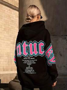 Sudadera con capucha de ajuste holgado con estampado de letras, ropa de otoño/invierno para mujer