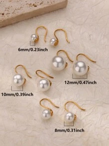 1 对经典白色圆形仿珍珠钩形耳环女士 6/8/10/12 毫米珍珠吊坠钩形耳环婚礼派对珠宝配饰 - 仿珍珠 - 查看 5