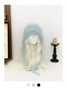 1 件 Y2K 3D 星形针织动物角针织帽，新款可爱蓬松星形图案保暖针织帽，小众设计耳罩，秋冬针织帽女士，厚实保暖手工拉法帽 - 彩色 - 查看 7