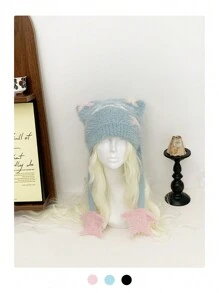 1 件 Y2K 3D 星形针织动物角针织帽，新款可爱蓬松星形图案保暖针织帽，小众设计耳罩，秋冬针织帽女士，厚实保暖手工拉法帽 - 彩色 - 查看 5