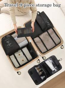 9 件旅行收纳套装：化妆刷袋、化妆包、护肤品收纳袋、大容量服装收纳袋、多功能拉链袋、手提包、旅行包、网袋、鞋袋、瓶袋、束口袋、储物袋、内衣收纳袋 - 彩色 - 查看 3