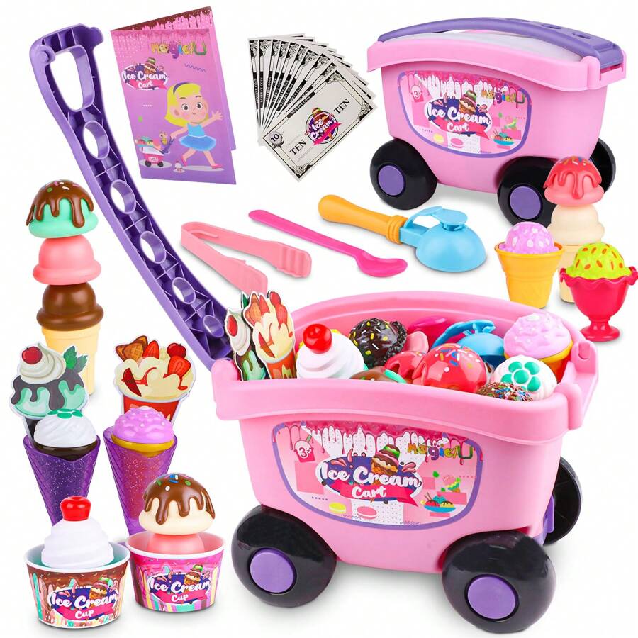 Magic4U Ice Cream Cart,48 Piece Pretend Play Set For Kids,Ages 3-6,Includes Scooper,Toppings,Cups & Cones,Great Gift For Girls & Boys - Pink - View 1