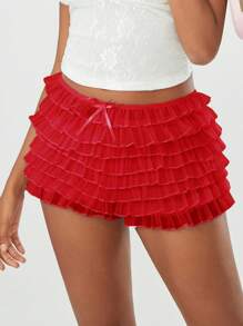 Women's Summer Ruffled Frilly Shorts, Multi-Layer Mesh Short Pants Sweet Cute Bloomers - Red - View 3