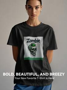 Women's Print Short Sleeve T-Shirt, Black & White Shirt, 180gsm Shirt, Crew Neck Short Sleeve T-Shirt, Breathable & Comfortable Casual Sports Fitness Tee, Casual Vintage Style, Suitable For Summer, Beach Holiday Crew Neck Short Sleeve Casual T-Shirt, Summer Tee - Black - View 1