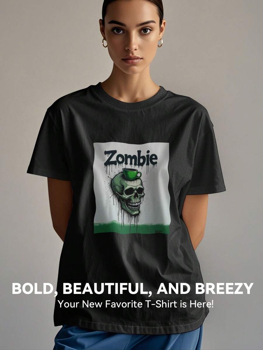 Women's Print Short Sleeve T-Shirt, Black & White Shirt, 180gsm Shirt, Crew Neck Short Sleeve T-Shirt, Breathable & Comfortable Casual Sports Fitness Tee, Casual Vintage Style, Suitable For Summer, Beach Holiday Crew Neck Short Sleeve Casual T-Shirt, Summer Tee - Black - View 1