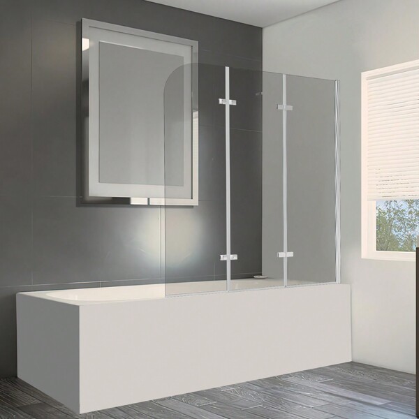 Cecaylie 3-teilige faltbare 120*140 cm Silber Duschtrennwand aus ESG 6 mm NANO Glas für Badewannen, zusammenklappbar, Badezimmer Dekoration Sommer Schulbeginn