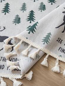 LOSPRING Linen-Like Printed Kitchen Short Curtain, Minimalist Geometric Pine Tree & Deer Tassel Edge Half Curtain - M-10 - View 4