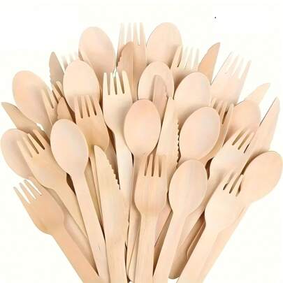 50/100 Disposable Wooden Cutlery Set, Fork, Knife, Spoon For Cake, Dessert, Ice Cream, Perfect For Home, Outdoor, Holiday, Halloween, Christmas And Other Holiday Parties.