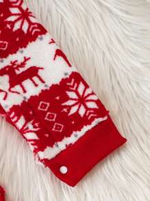 Uroczy kombinezon z kapturem i długim rękawem w świąteczny wzór z jeleniem, ciepły i puszysty