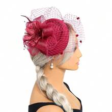 1 件复古蝴蝶结和羽毛头带，百搭迷人帽子，适合派对、圣诞节、新娘、婚礼 - 酒紅色 - 查看 5