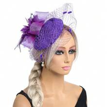 1 件复古蝴蝶结和羽毛头带，百搭迷人帽子，适合派对、圣诞节、新娘、婚礼 - 酒紅色 - 查看 7