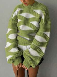 Áo len chui đầu tay dài cổ tròn họa tiết sọc màu tương phản cỡ lớn thời trang thu đông cho nữ cỡ lớn - màu xanh lá - Xem 5