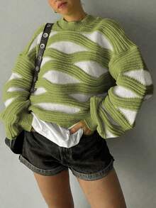 Áo len chui đầu tay dài cổ tròn họa tiết sọc màu tương phản cỡ lớn thời trang thu đông cho nữ cỡ lớn - màu xanh lá - Xem 4