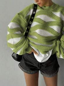 Áo len chui đầu tay dài cổ tròn họa tiết sọc màu tương phản cỡ lớn thời trang thu đông cho nữ cỡ lớn - màu xanh lá - Xem 1