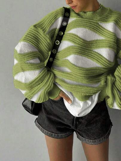 Women's Plus Size Autumn And Winter Fashion Casual Plus Size Striped Contrast Color Round Neck Long Sleeve Sweater Pullover