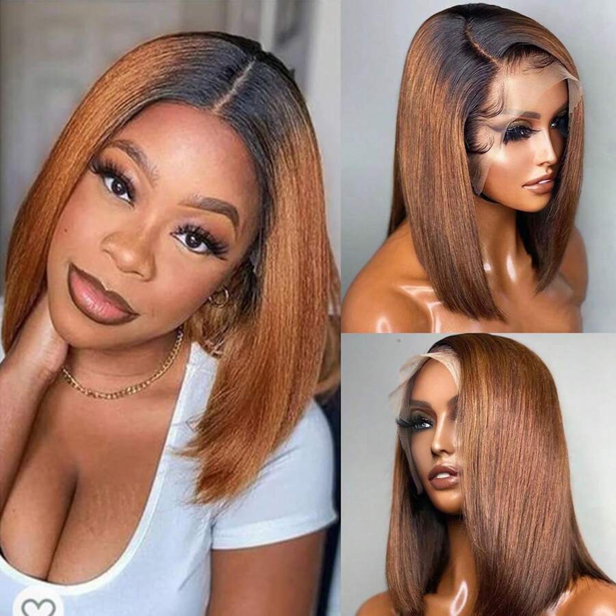 1B/33 Rooted & Ombre Colored Bob Wigs 13x4 Lace Front Wig Human Hair Protein Filament Wig Straight Bob Wig For Women Lace Closure Wig 250 Density