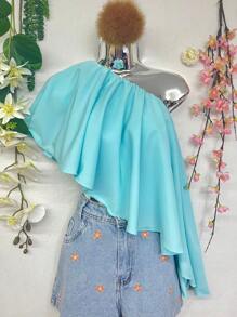 Collarless And Asymmetrical Shirts, Solid Ruffled And Lined Shirts - 淺藍色 - 查看 1