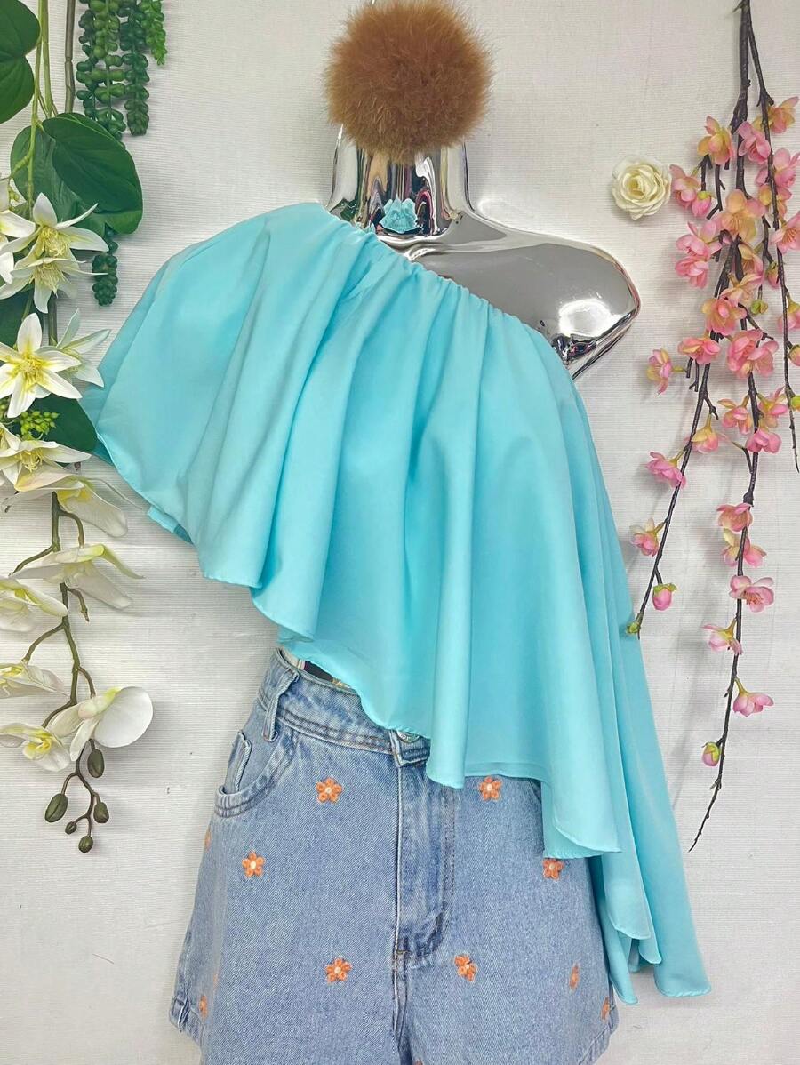 Collarless And Asymmetrical Shirts, Solid Ruffled And Lined Shirts - 淺藍色 - 查看 1