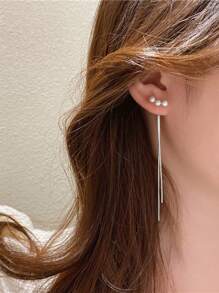 1 Pair 18K Gold Plated Copper Tasseled Pearl Front & Back Earrings, Thickness 0.03μm