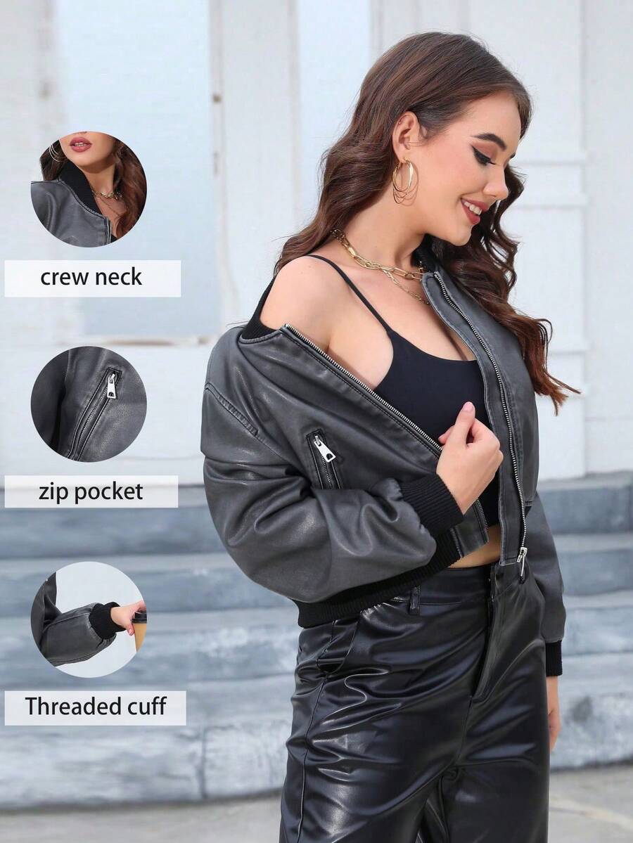 女士仿皮休闲飞行员夹克，时尚机车外套，适合秋冬季穿着 - 灰色 - 查看 1