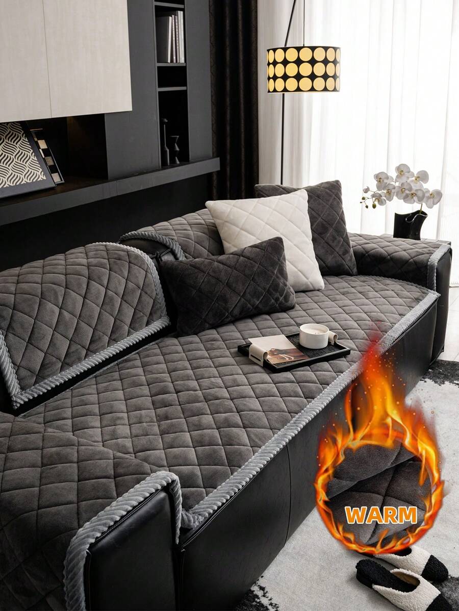 1 vỏ đệm ghế sofa mùa đông bằng vải nhung dày, tấm lót ghế sofa ấm áp họa tiết kẻ sọc hình thoi, tấm bảo vệ ghế sofa chống trầy xước thân thiện với vật nuôi, đồ trang trí nhà có thể giặt bằng máy, phù hợp với ghế sofa kết hợp hình chữ L và ghế sofa 1/2/3/4 chỗ ngồi (bán riêng) - Màu xám đen - Xem 1