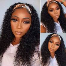 180% Density Human Hair Wig Natural Color Long Kinky Curly Headband Human Hair Wigs Wear And Go Glueless Wig For Women Full Machine Made Wig With Band - Natural Black - 查看 2