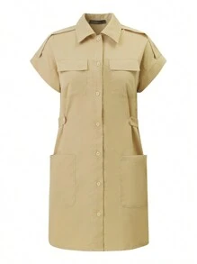 ZANZEA Women Lapel Neck Buttons Short Sleeve Pockets Tunic Dress Casual Cargo Short Dresses - 卡其色 - 查看 3