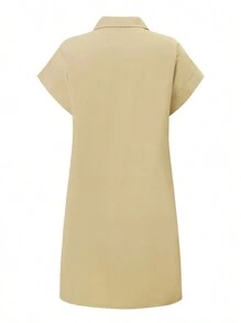 ZANZEA Women Lapel Neck Buttons Short Sleeve Pockets Tunic Dress Casual Cargo Short Dresses - 卡其色 - 查看 4