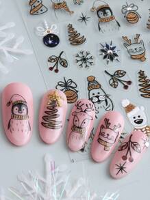 4 张闪光 5D 冬季圣诞指甲贴纸白银金色麋鹿企鹅猫铃铛雪花蝴蝶结灯球圣诞树条纹线 DIY 指甲装饰 - 彩色 - 查看 7