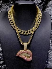 1pc Hip Hop Rhinestone Decor Lip Charm Necklace For Men Women For Daily Decoration, For Jewelry Gift And Party