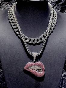 1pc Hip Hop Rhinestone Decor Lip Charm Necklace For Men Women For Daily Decoration, For Jewelry Gift And Party