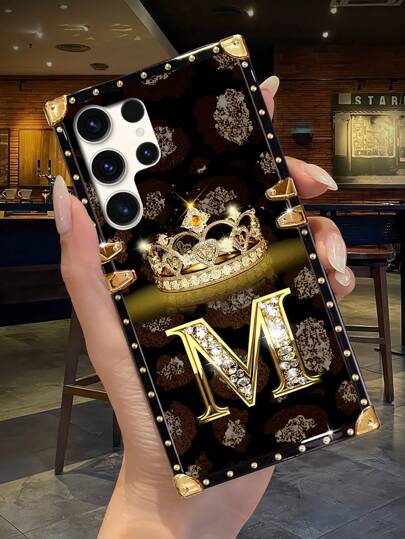 1pc Letter Crown Rectangle Design Shockproof Phone Case, Compatible With IPhone/ Galaxy/Oppo Reno/Realme Narzo/Vivo