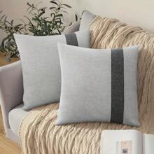 1 件农舍风格米色和卡其色拼色亚麻装饰抱枕套（不含枕芯） - 灰色 - 查看 2