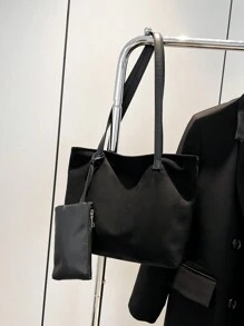 母女两件套零钱包，复古纯色大容量休闲单肩托特包，磨砂麂皮大包，撞色休闲托特包，磨砂纯色大包，优雅多功能通勤女士托特包 - 黑色 - 查看 5