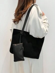 母女两件套零钱包，复古纯色大容量休闲单肩托特包，磨砂麂皮大包，撞色休闲托特包，磨砂纯色大包，优雅多功能通勤女士托特包 - 黑色 - 查看 3