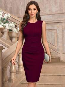 MIUSOL Ruched Zip Back Split Hem Business Slim Fitted Dress,Party Dress,Cocktail - Burgundy - View 1