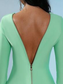 Gaun Midi Seksi Lengan Panjang dengan Resleting Belakang untuk Wanita, Cocok untuk Liburan dan Pesta - Mint Green - View 10