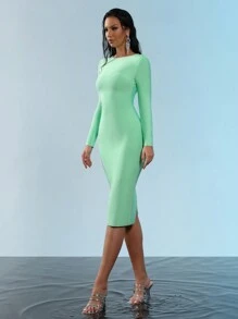 Gaun Midi Seksi Lengan Panjang dengan Resleting Belakang untuk Wanita, Cocok untuk Liburan dan Pesta - Mint Green - View 7