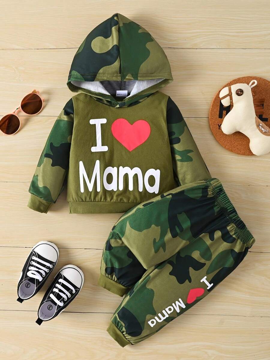 2pcs Set: Camouflage Print Letter Graphic Sweatshirt + Camo Print Letter Graphic Pants, Autumn/Winter - Army Green - View 1