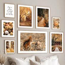 1pc Wall Arts Posters Optional Frame Animals Travel Modern Quotes Frameless Harvest Autumn Pumpkin Squirrel Fall Wall Art Canvas Painting Nordic Posters And Prints Wall Pictures For Living Room Decoration ,Wall Art With Frame