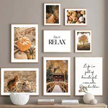 1pc Wall Arts Posters Optional Frame Animals Travel Modern Quotes Frameless Harvest Autumn Pumpkin Squirrel Fall Wall Art Canvas Painting Nordic Posters And Prints Wall Pictures For Living Room Decoration ,Wall Art With Frame