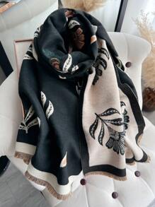 1 件女士花卉提花针织保暖围巾，简约风格，适合秋冬季，可用作装饰 - 黑色 - 查看 2