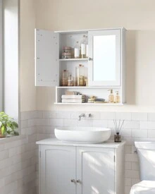 VASAGLE Gabinete de baño con espejo, gabinete de pared con 2 puertas con espejo, estante ajustable, compartimento abierto, montado en la pared, 15 x 65 x 75 cm, decoración de baño de verano, organizador de baño, accesorios de baño