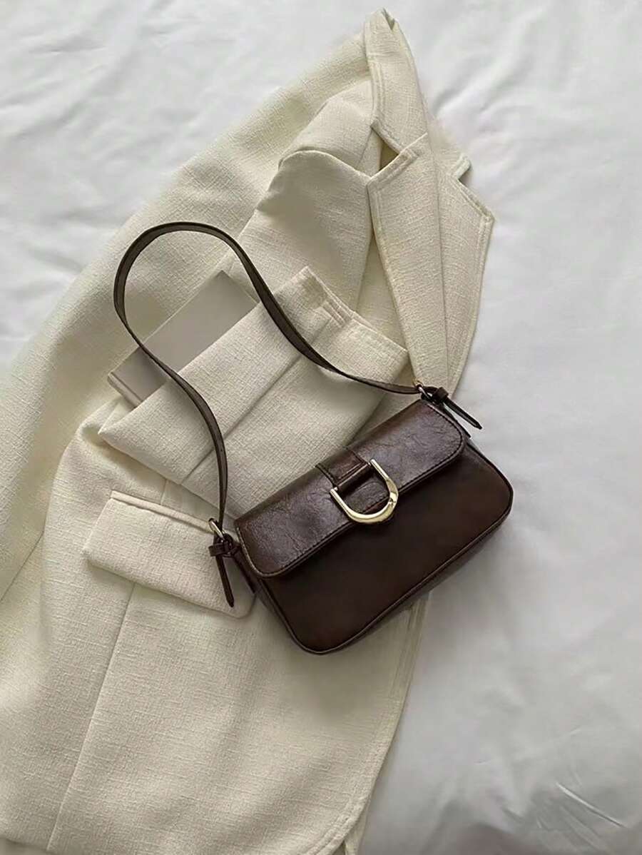 简约金属装饰翻盖方形包 - 咖啡棕 - 查看 1