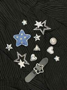 12 件可拆卸钻石镶嵌时尚星星、笑脸、心形时尚鞋饰，适用于沙滩鞋和镂空木屐 - 藍色 - 查看 6