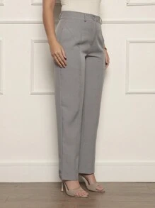Women's Straight Trousers In Twill Fabric - Elegant Detail Near The Pocket - 灰色 - 查看 3